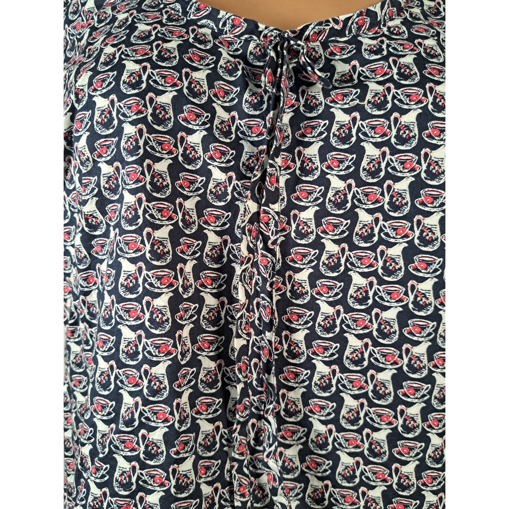 Tommy Hilfiger Navy Teacup Print Sleeveless Cotton Blouse Large Tie Neck Top
